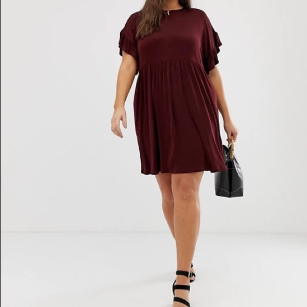 ASOS Curve Metallic Red Frill Sleeve Smock Dress